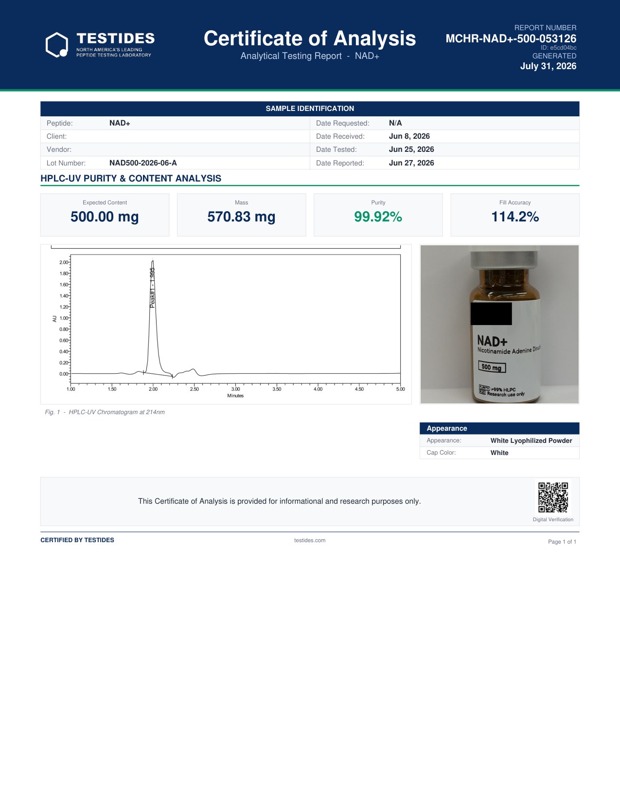 Certificate of Analysis preview for NAD+ 500mg