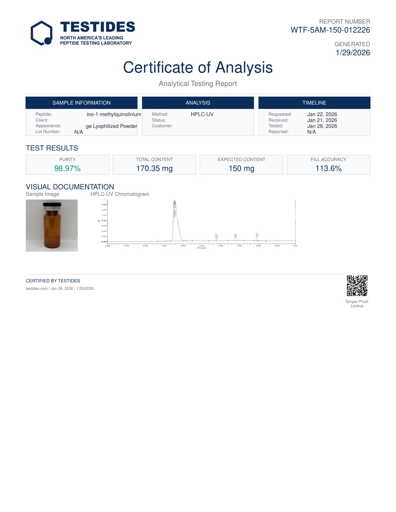 Certificate of Analysis preview for 5-Amino-1MQ 150mg