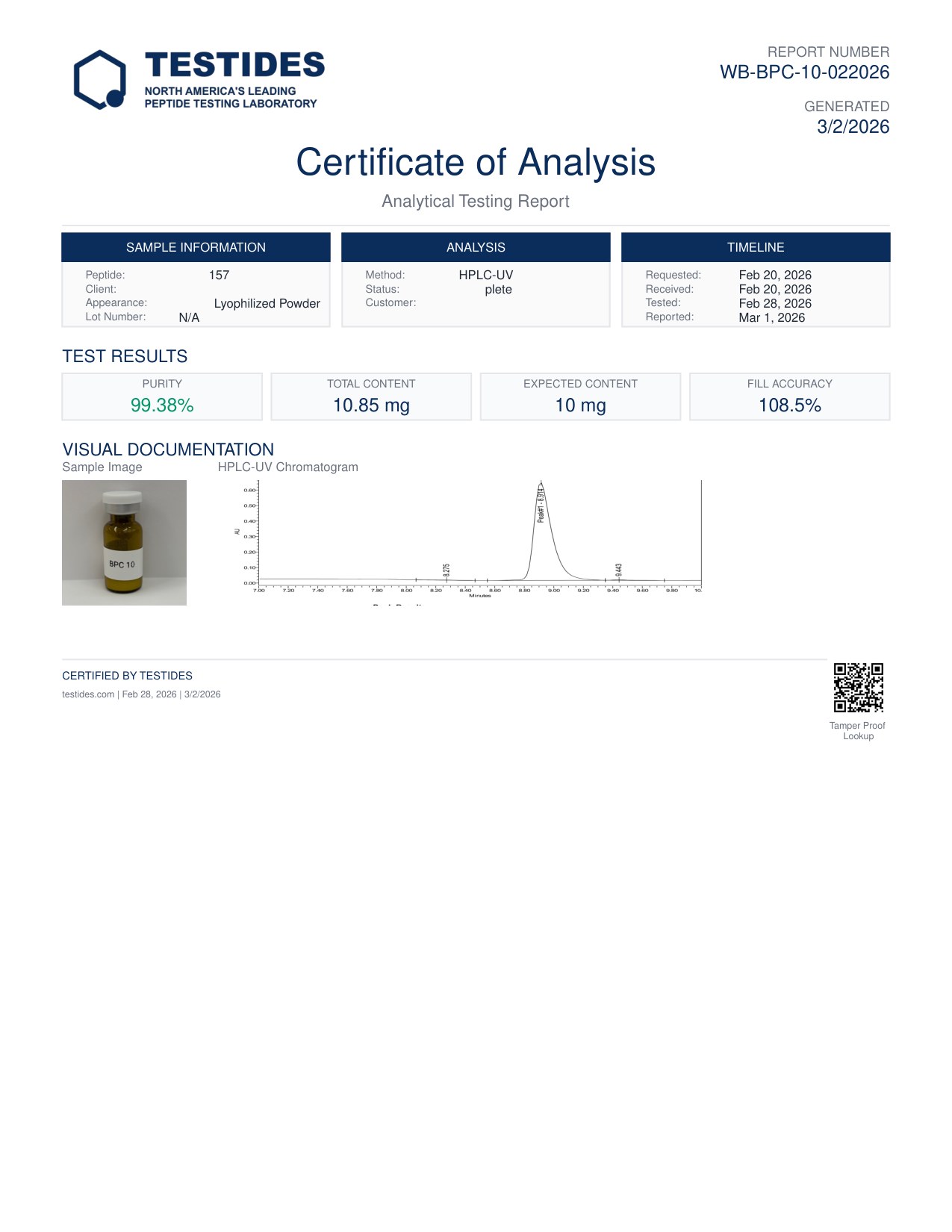 Certificate of Analysis preview for BPC 157 10mg