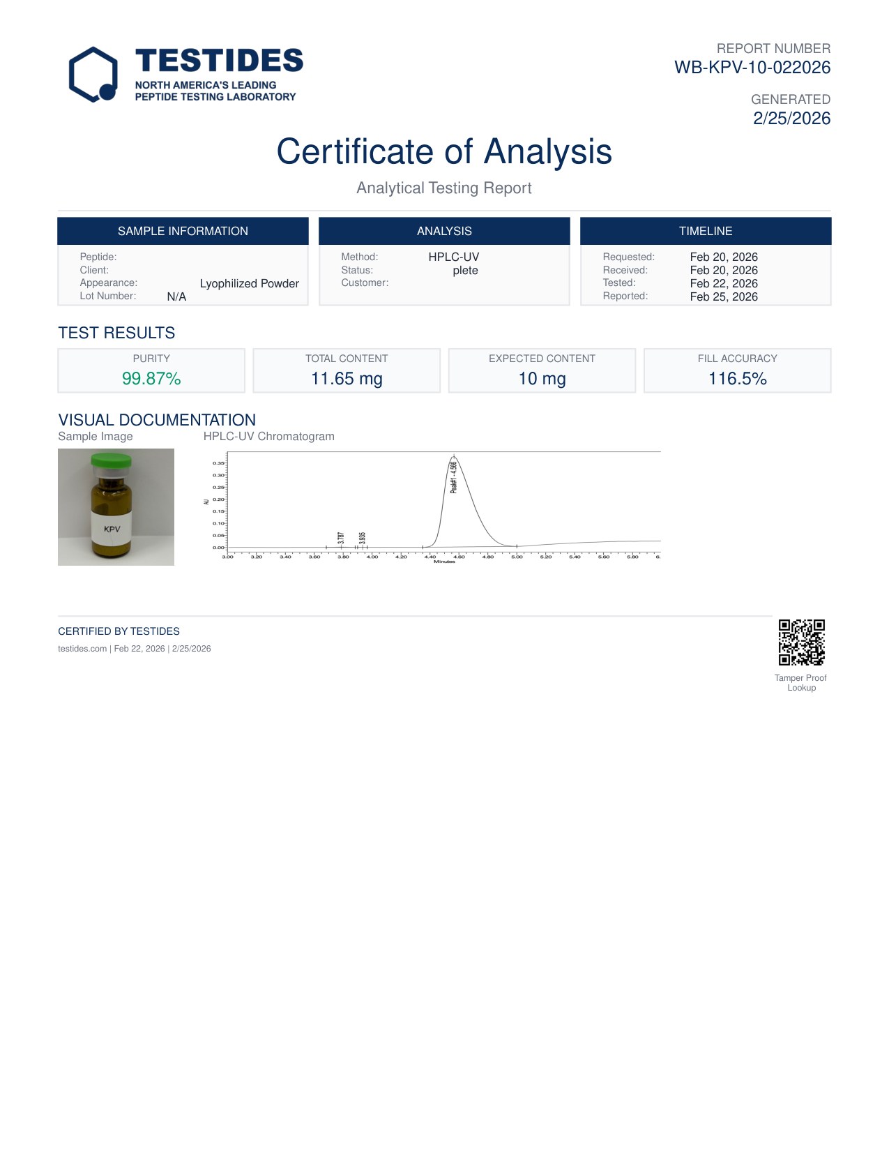 Certificate of Analysis preview for KPV 10mg