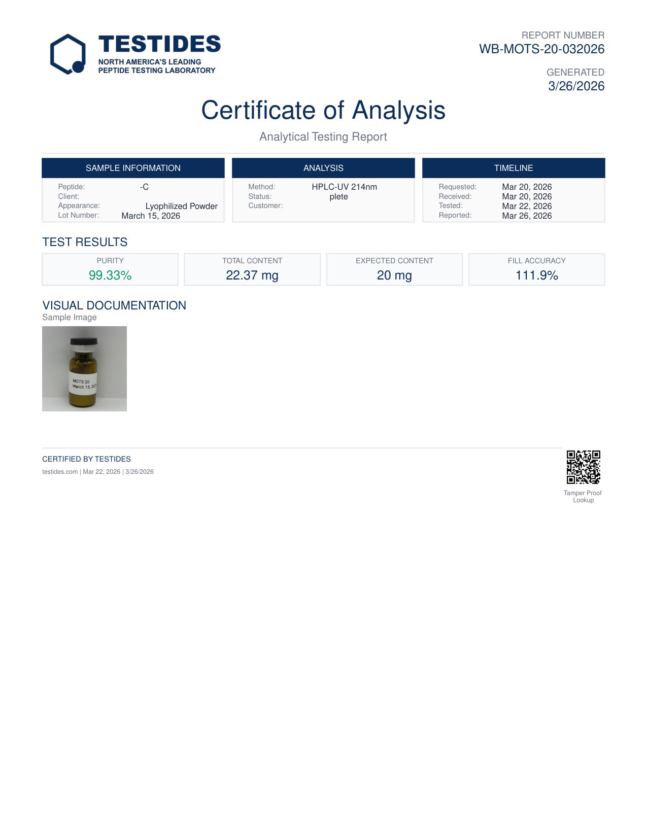 Certificate of Analysis preview for MOTS-C 20mg