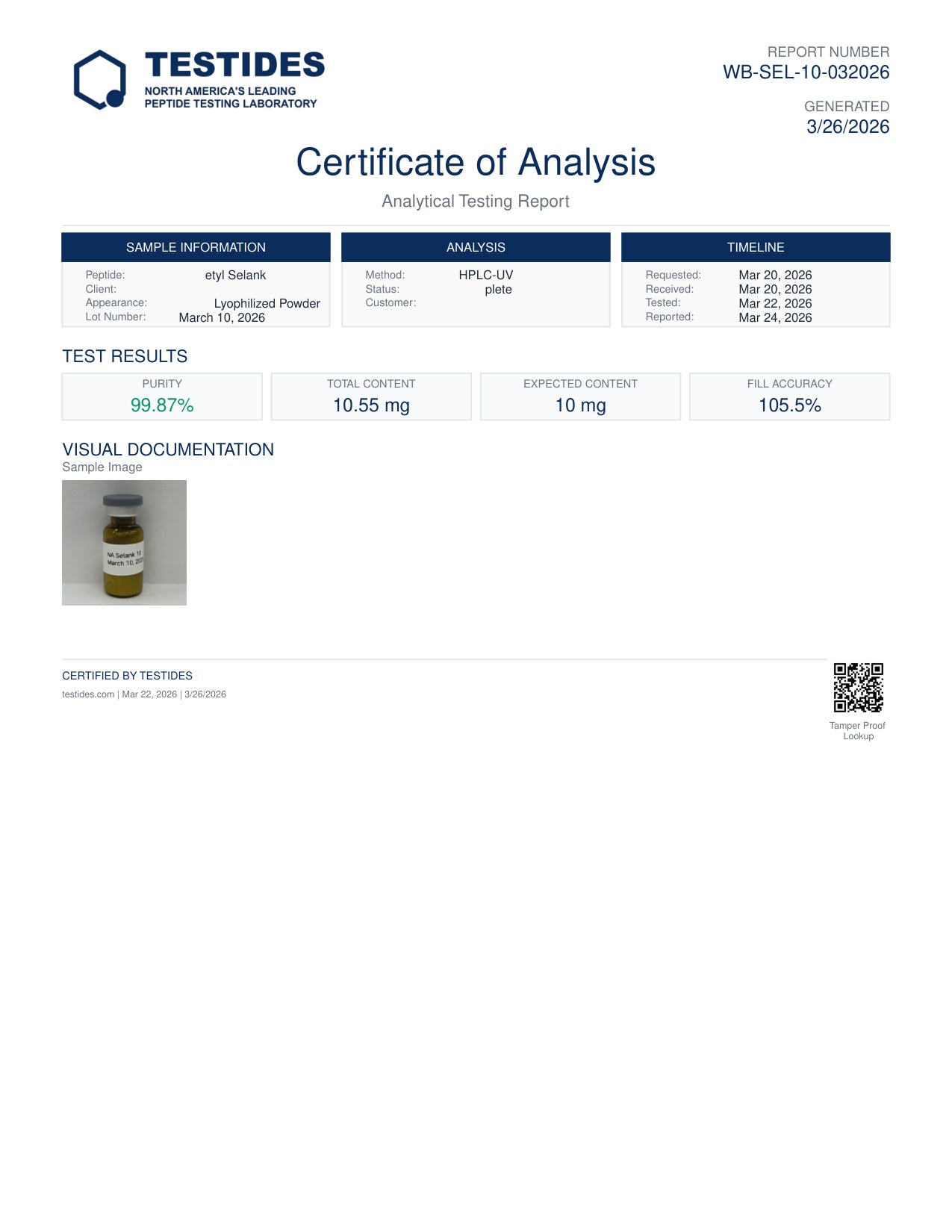 Certificate of Analysis preview for NA-Selank 10mg