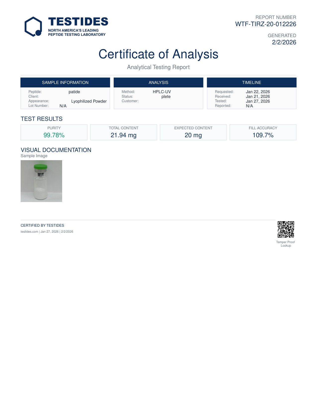Certificate of Analysis preview for Tirzepatide 20mg