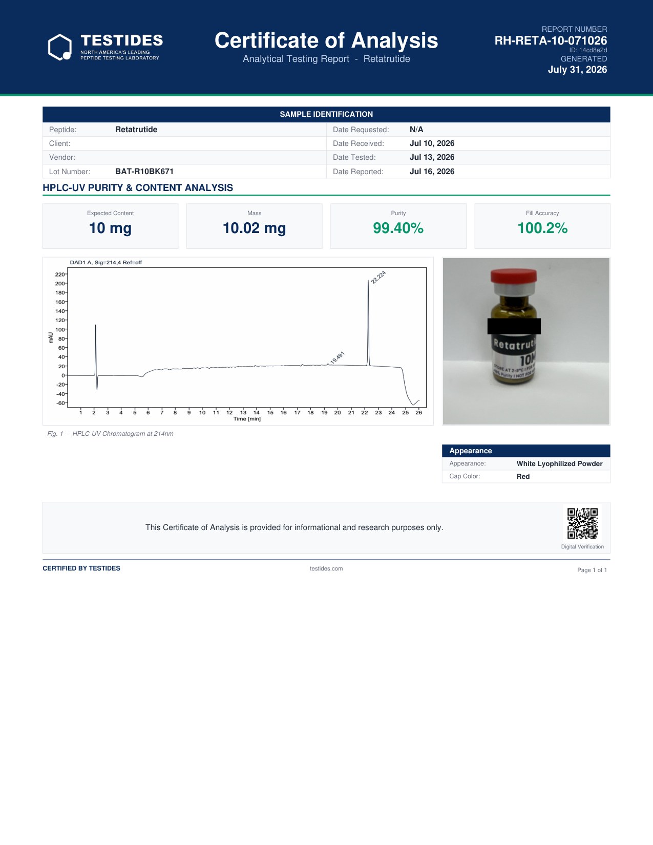 Certificate of Analysis preview for Retatrutide 10mg