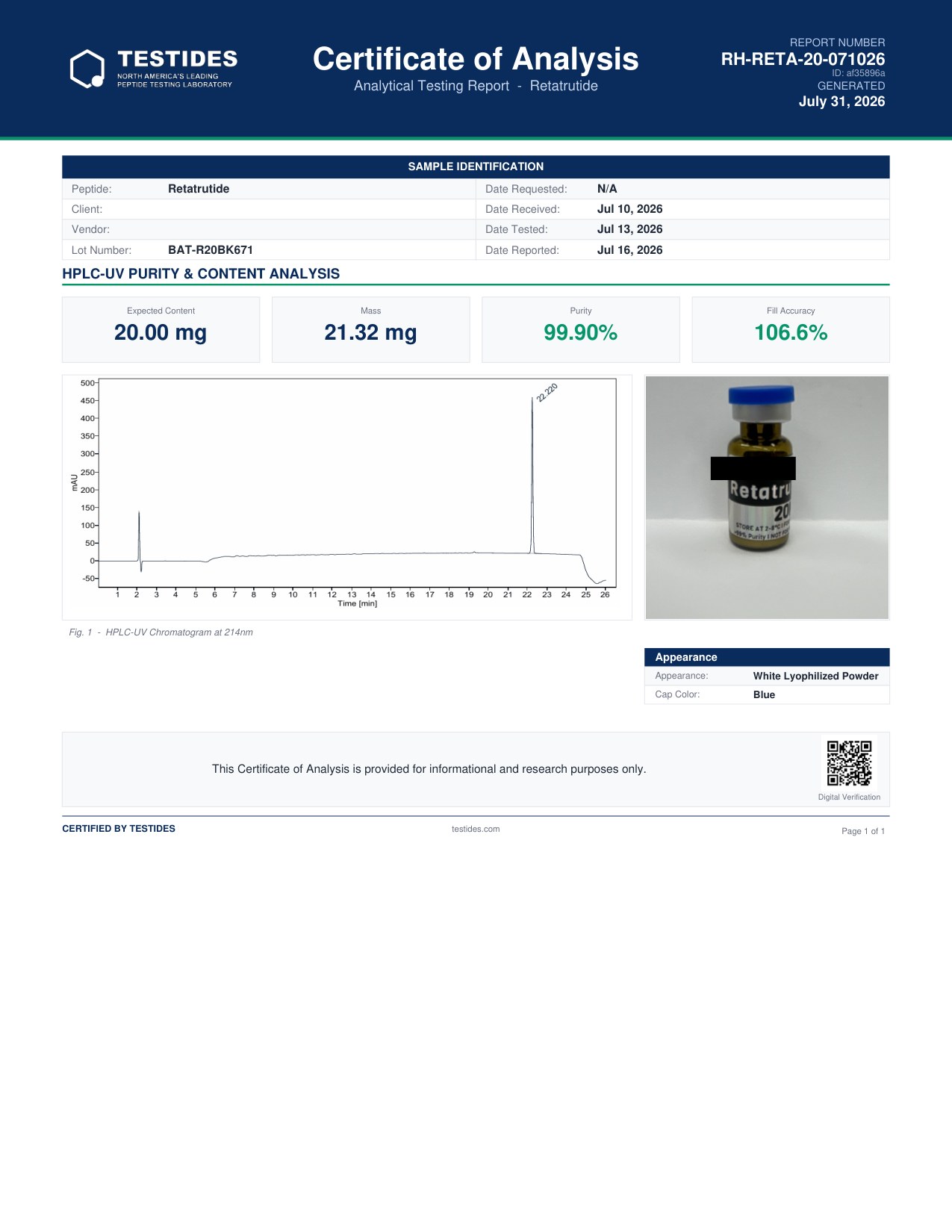 Certificate of Analysis preview for Retatrutide 20mg