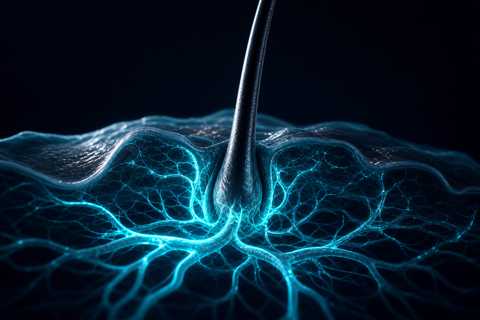 Abstract research concept render of a hair follicle surrounded by a branching network of microvessels