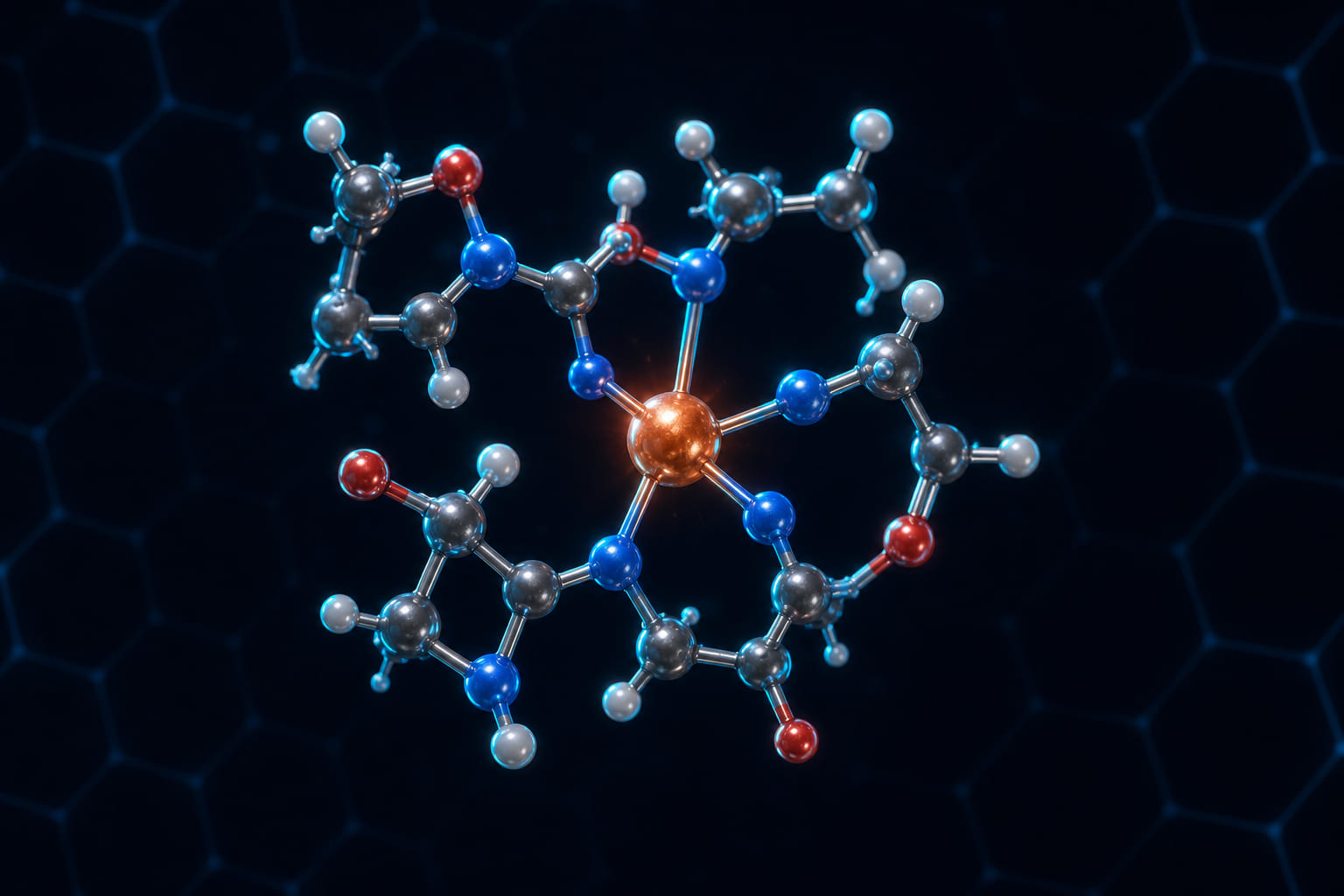 Molecular render of the AHK tripeptide coordinated to a single copper ion