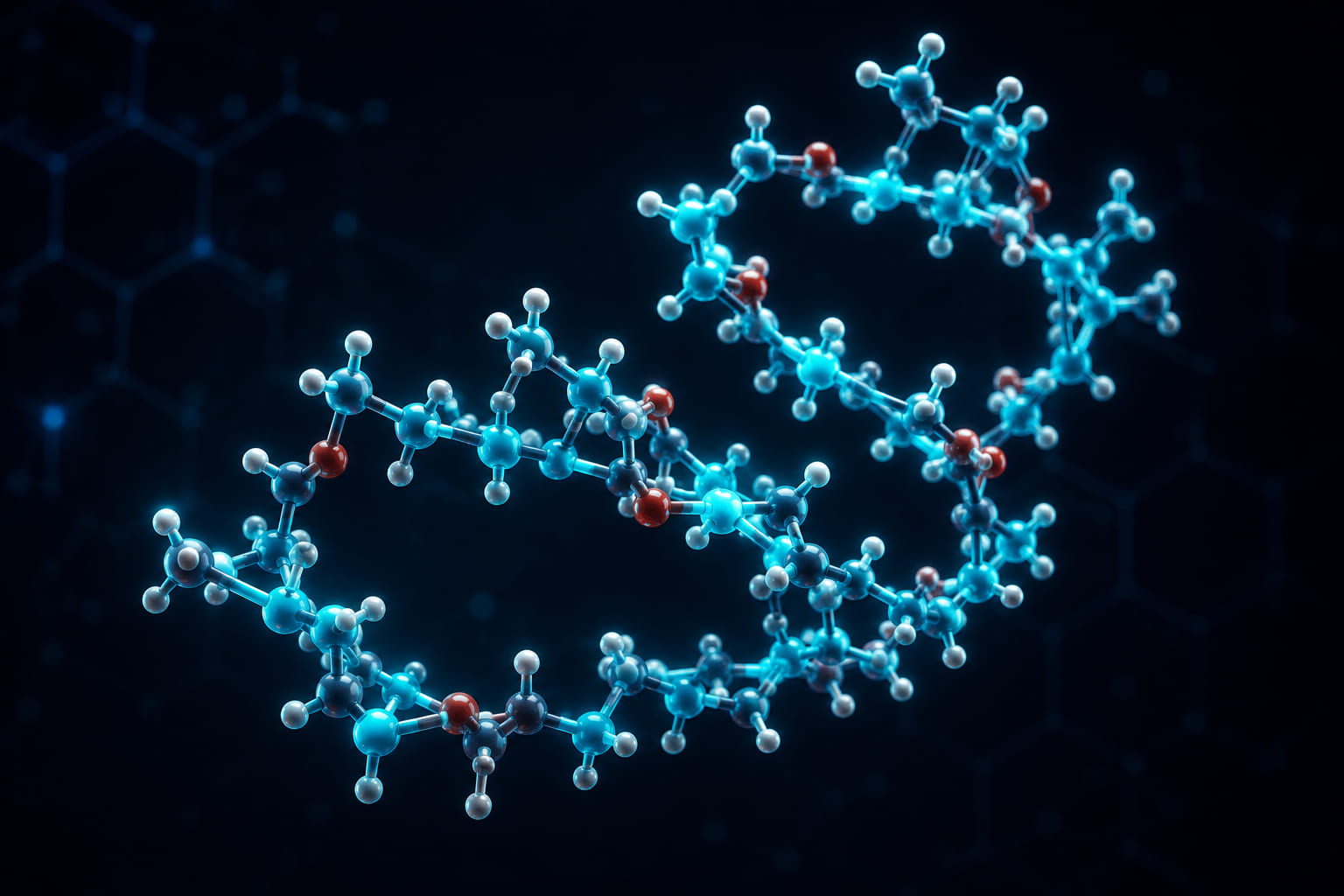 Molecular render of a short oligopeptide chain representing the Dihexa research peptide