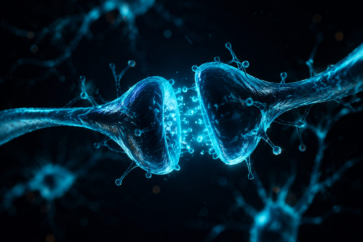 Abstract research concept render of two neurons forming a new synaptic connection