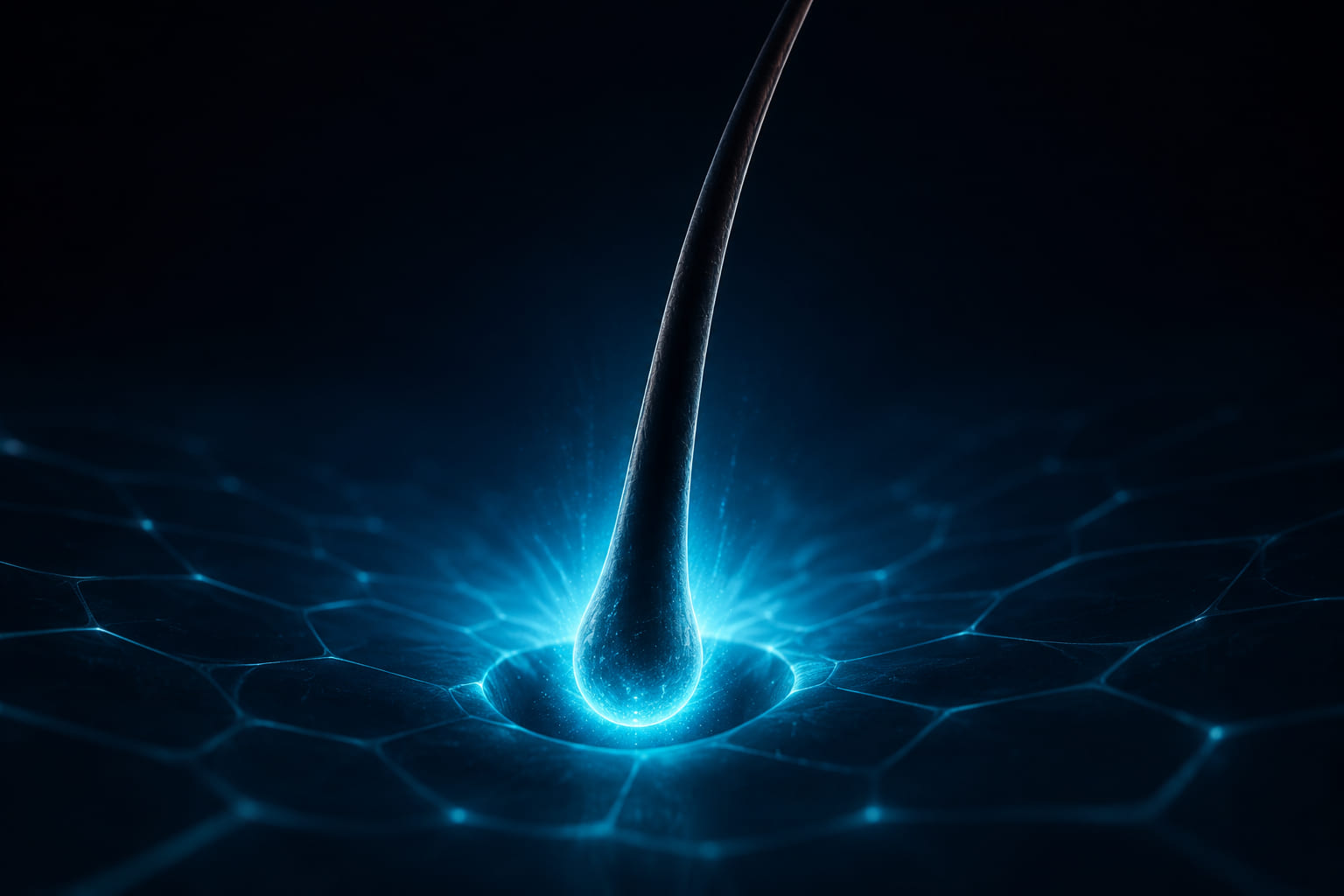 Abstract research concept render of a hair follicle and surrounding dermal papilla with fine capillary-like structures