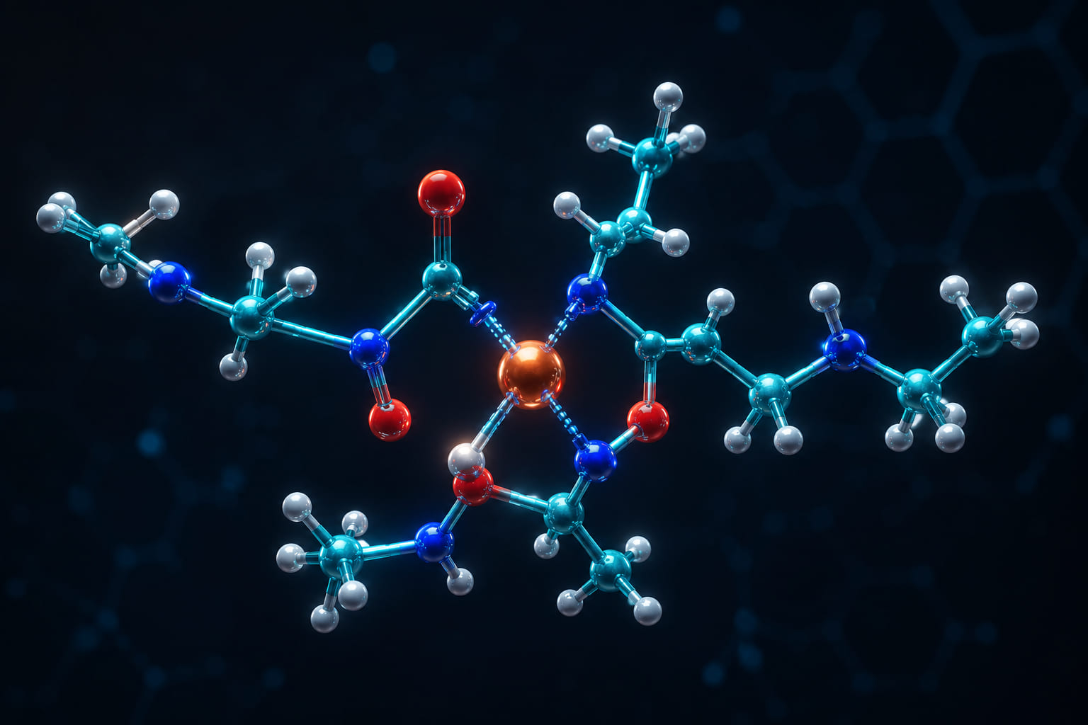 Molecular render of the GHK tripeptide bound to a single copper ion at its histidine coordination site