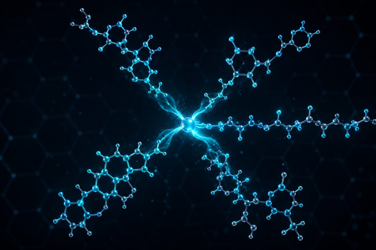 Abstract render of four distinct peptide structures converging into a single combined form