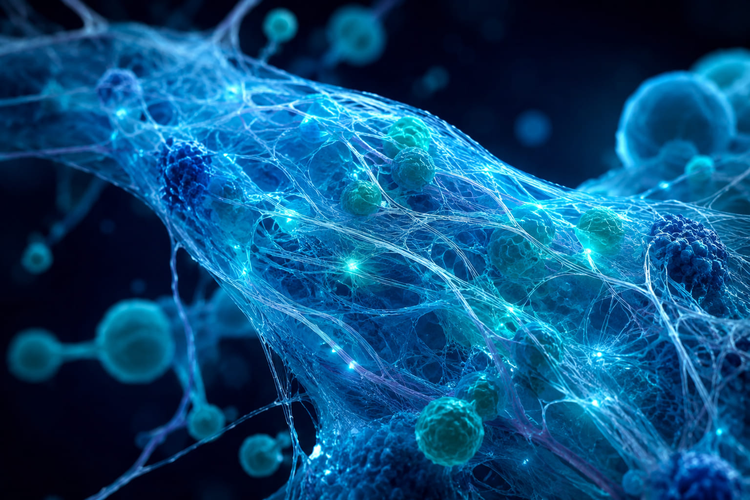 Abstract research concept render of interweaving collagen-like fibers forming a repair lattice